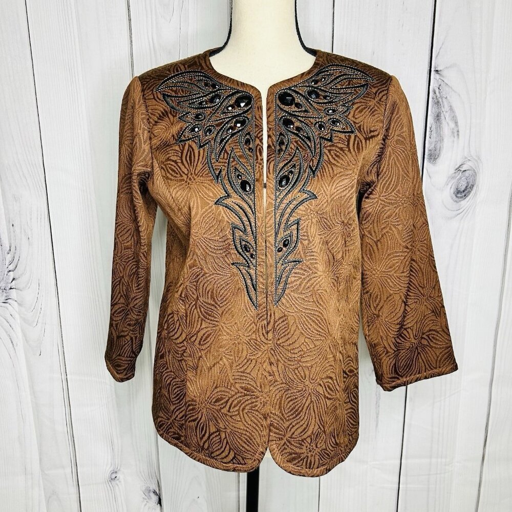 Bob Mackie Wearable Art Brown Cotton Blend Embroidered Beaded Jacket Sz XS